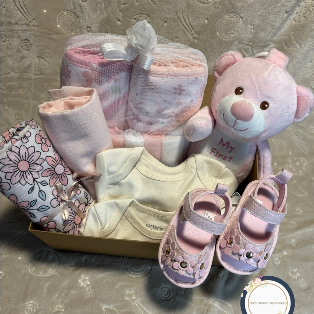 Pink Baby Gift Set with Plush Bear & Shoes